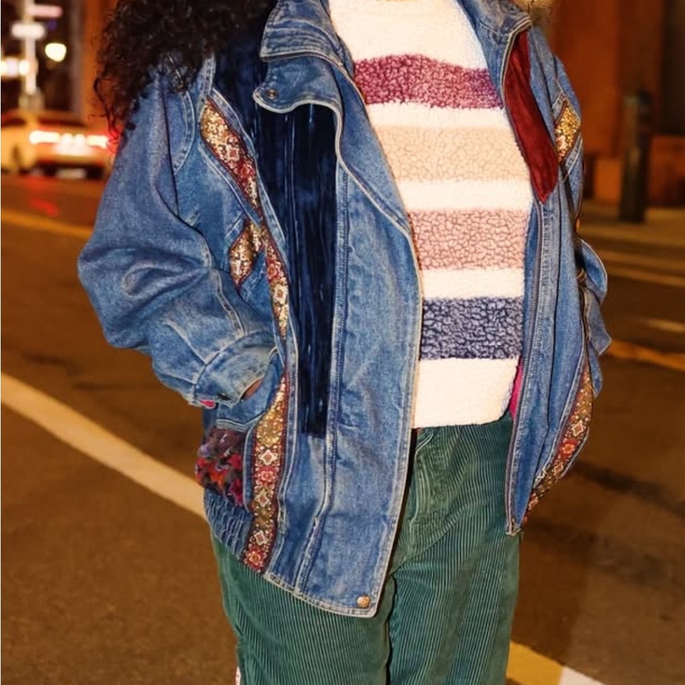 Denim Patchwork Jacket With Burgundy Accents - image 5